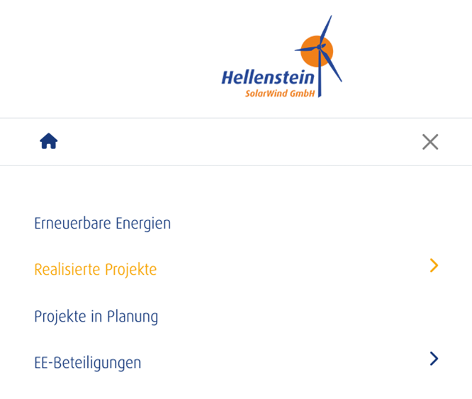 Seiten-Menü mit Wort und Pfeil orange